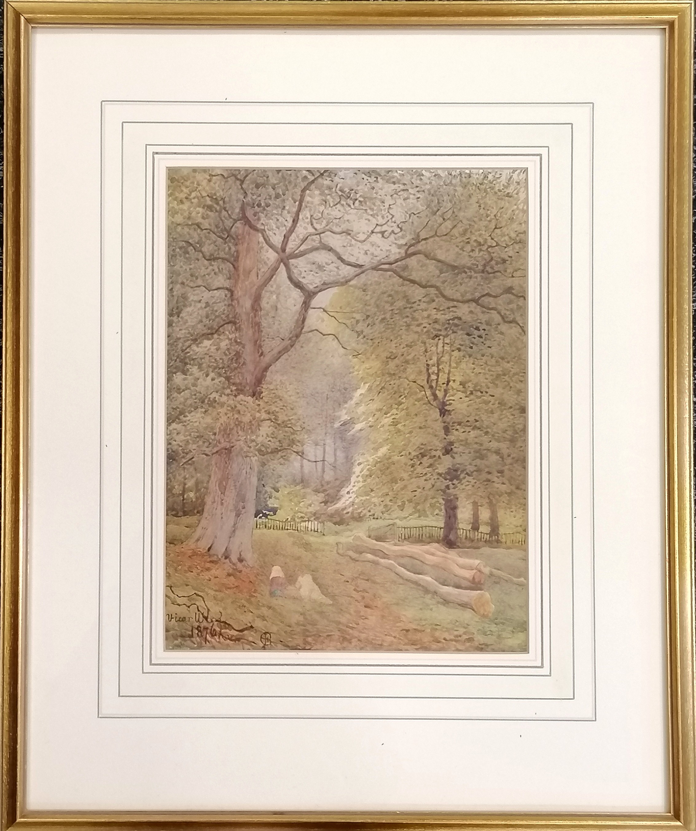 Framed 1876 watercolour painting of Vicar Wood with children in the foreground, signed with