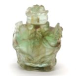 Oriental antique hand carved hardstone snuff bottle with carved rose lid - 6cm high & has some