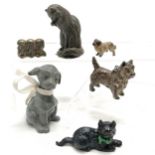 Bronze cold painted reclining cat figure (6.5cm x 3cm high) t/w 3 metal dog figures (1 has missing