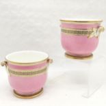 Pair of Porcelain Cache pots, with pink background decorated with Greek Key decoration 16.5 cm high,