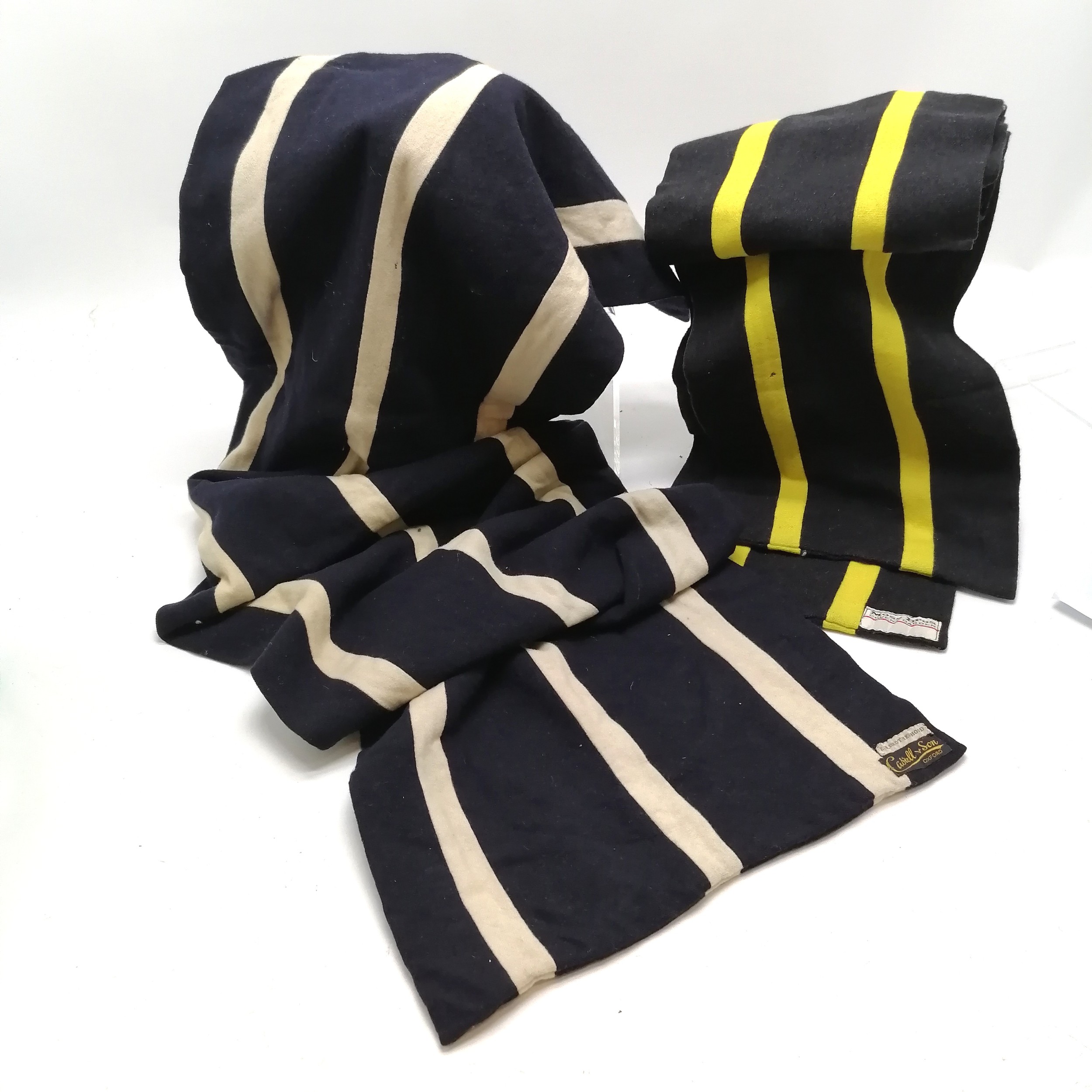 A vintage blue and cream striped wool school scarf by Castell & Son Oxford 153cm long x 35cm wide