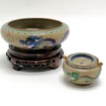 2 x Chinese cloisonne - 20cm diameter bowl with blue dragon detail on turned wooden stand & swing