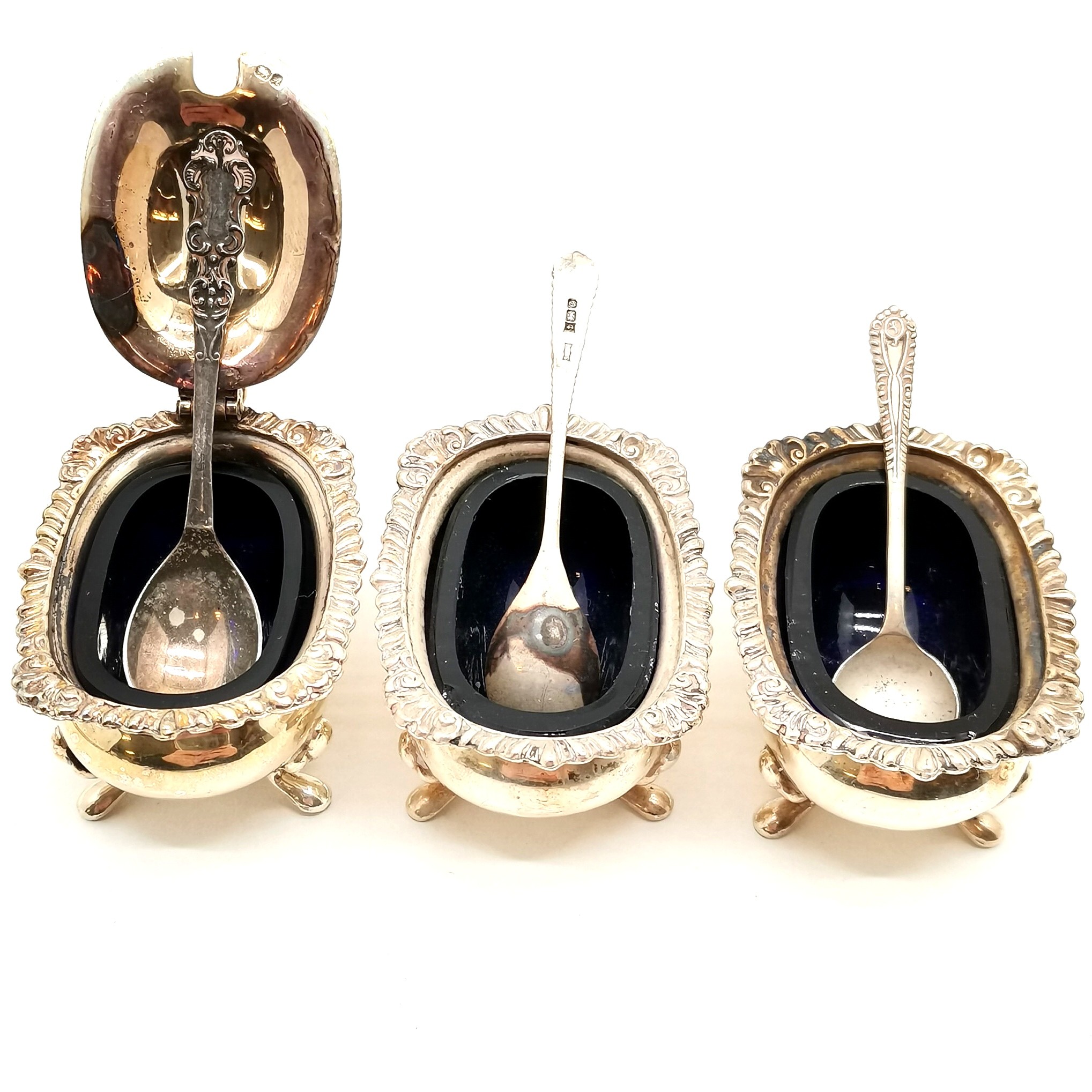 Sterling silver 5 piece cruet set with gadroon border & terminating on 4 feet by S J Rose & Son - - Image 2 of 12