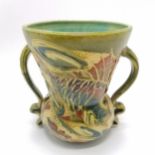 Baron pottery Barnstaple 2 ribbon handled vase decorated with sgraffito fish - 15cm high x 13cm