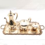 Good quality Langfords Galleries silver plated 3 piece tea set on 2 handled scalloped edge tray -