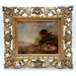 Antique oil painting on panel of a pastoral scene inc cattle, boat etc in a florentine style frame -