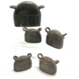 5 x antique Burmese bronze temple bells - largest 14.5cm across and has a split & no clapper