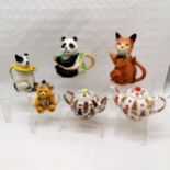 Tony Wood Cat teapot, Circus dog teapot, Panda, and bear, t/w Cardew Bear teapot and another.