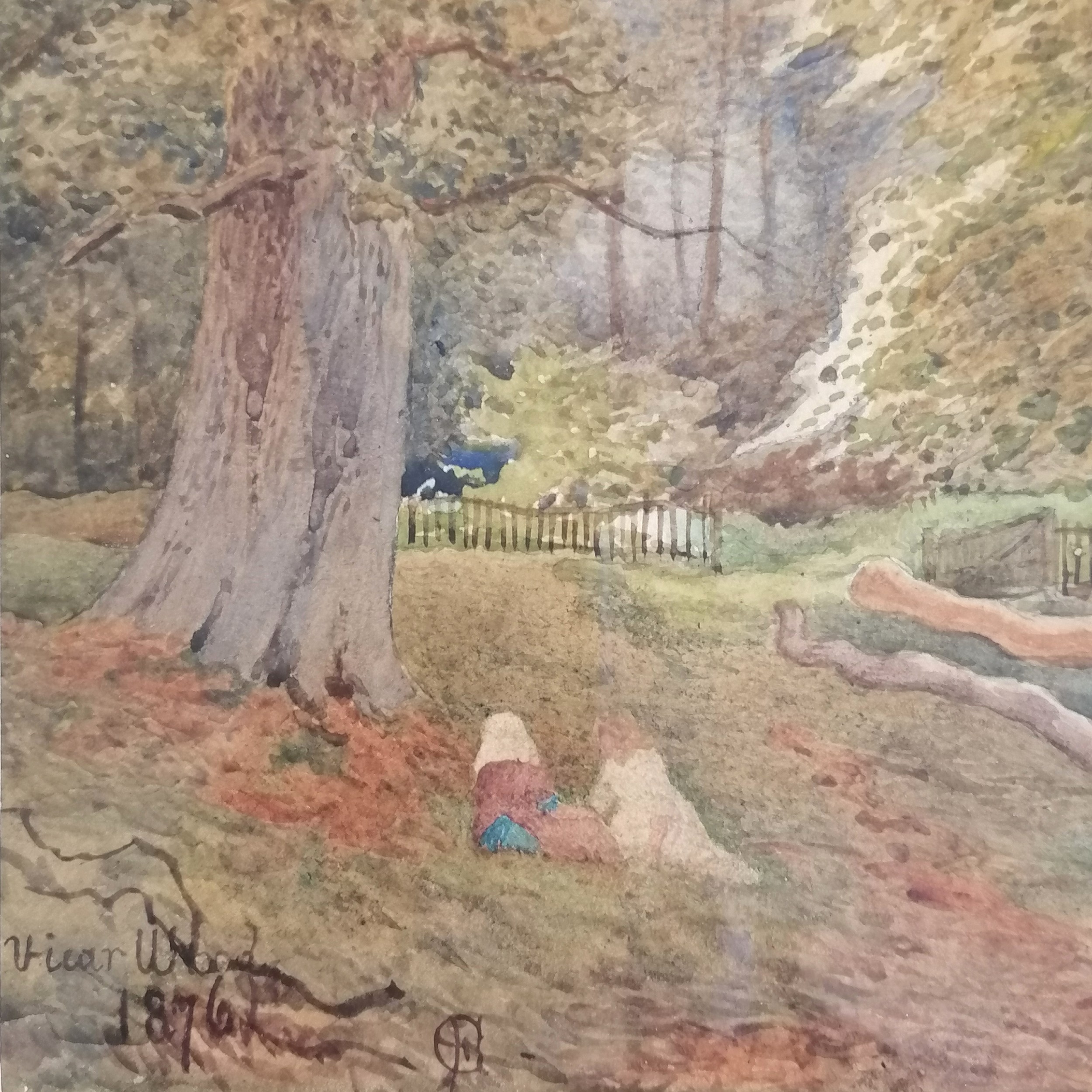 Framed 1876 watercolour painting of Vicar Wood with children in the foreground, signed with - Image 2 of 2