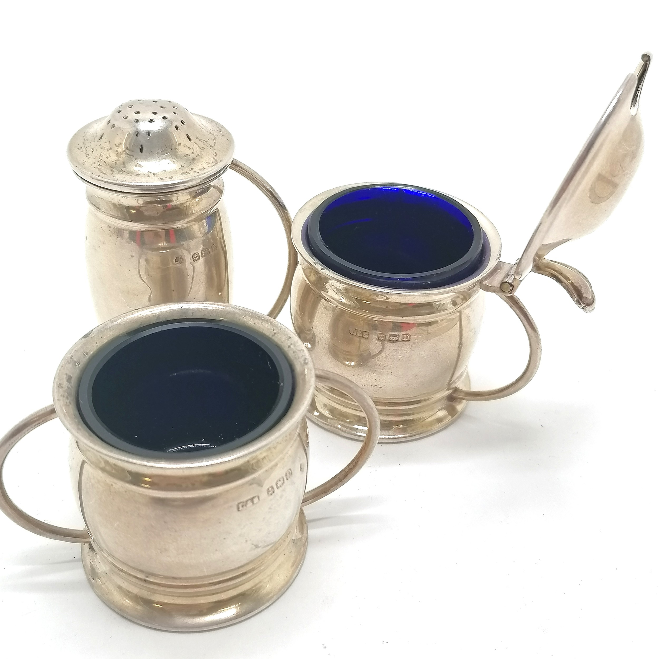 1928 sterling silver cruet set (with blue glass liners) by Levi & Salaman - pepper is 6cm high & - Image 2 of 2