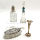 Silver topped sugar caster, silver bud vase (11.5cm & small dent), oval glass silver lidded jar (a/