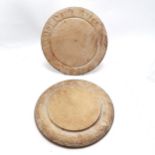 2 x antique wooden circular carved bread boards - 29cm diameter & in worn used condition