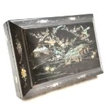 An Oriental papier-mâché work box with mother of pearl inlay decorated all over with birds,
