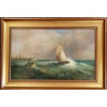 Framed oil painting on board of a ship in a rough sea off Holland (?) coast - frame 34cm x 49cm