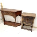 Carved oak side table, 106 cm in length, 73 cm in height, 33 cm in depth, t/w carved oak two door