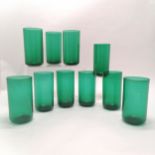 10 x green glass tumblers - 13cm high x 7cm diameter ~ no obvious damage