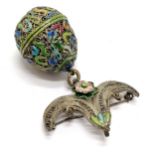 Chinese unmarked silver filigree enamel decorated brooch with egg shaped pomander - 8cm drop & 23g