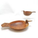 2 x Eastern European carved wooden duck headed bowls with chip carved detail - longest 39cm