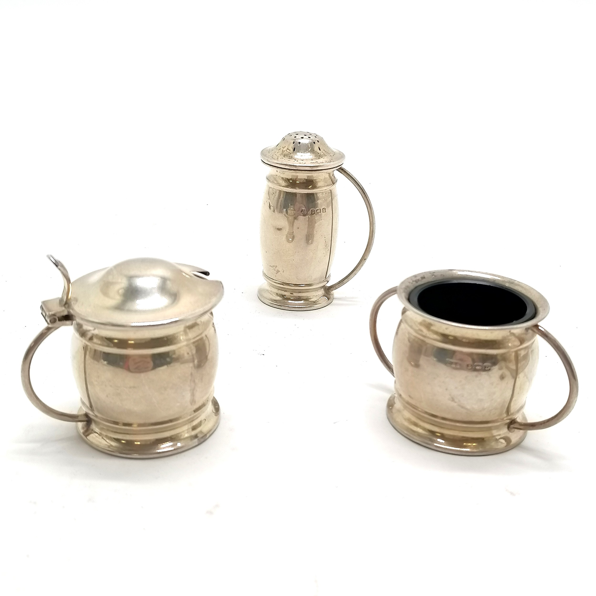 1928 sterling silver cruet set (with blue glass liners) by Levi & Salaman - pepper is 6cm high &