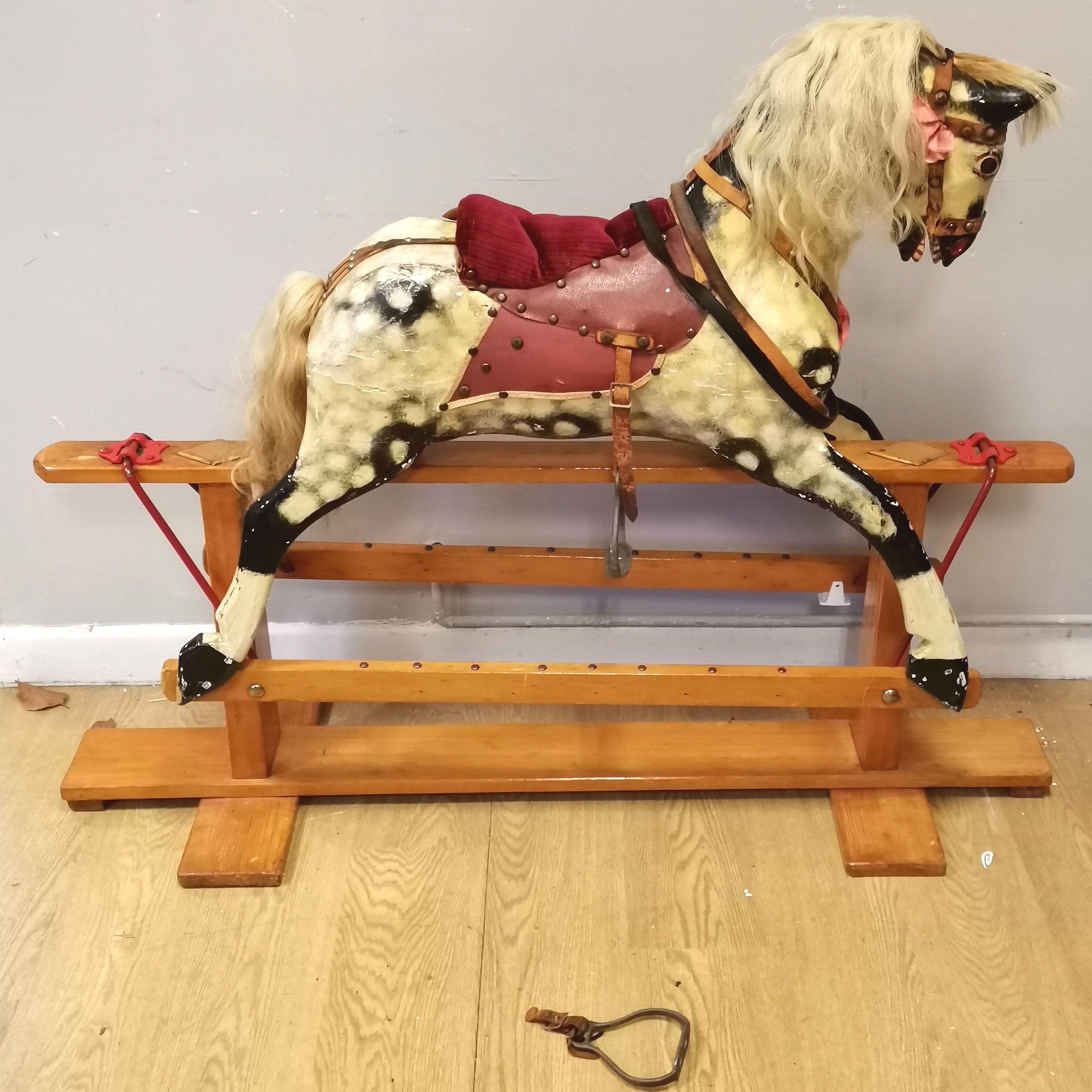 Antique dapple grey rocking horse 128cm long - In overall good used condition