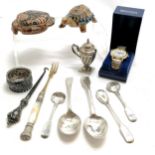 Qty of silver - 2 x Exeter silver spoons, napkin ring, mustard pot, 3 other spoons - total weight