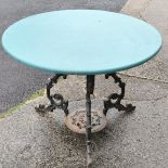 Antique cast iron based table with later blue painted wooden circular top 90 cm diameter x 63cm high