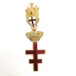 Antique gilt metal and red enamel cross with suspender set with a red and white shield and black