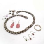 Unusual 925 silver necklace in plaited design (44cm) t/w silver earrings (some odd) etc - 80g