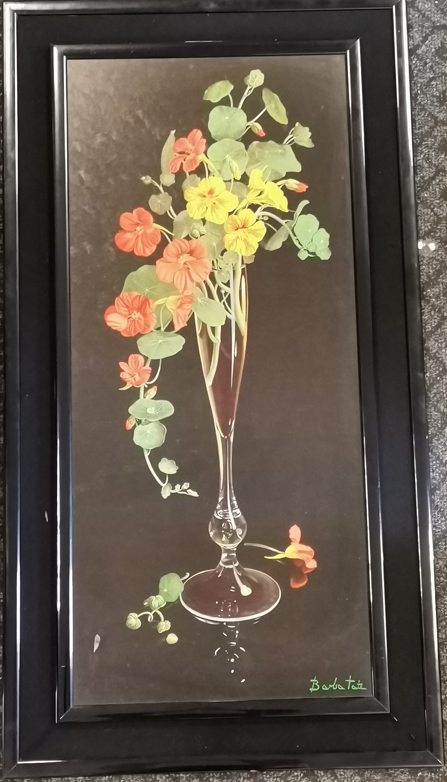 Mid century large framed botanical print of Nasturtiums by Barba Tate - frame 58cm wide x 109cm high