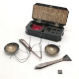 Antique ebony cased diamond scales with original unmarked silver tweezers / scoop & balance scales