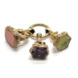 3 x antique gilt metal seal fobs set with stone inc amethyst & the green stone has engraved