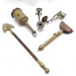 Antique brass firejack, horse bristle burner, pair of piano candlesticks & mining staff (? - 56cm),