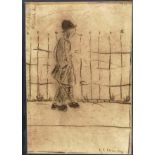 Mounted pencil sketch on paper bearing the signature of L S Lowry of a man walking past railings (