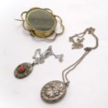2 x silver pendants on silver chains t/w antique 6.5cm brooch (lacks rear panel & a/f) - SOLD ON