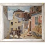 Framed Kurt Leyde (1881-1941) oil on canvas of a Spanish village street scene with a man and a