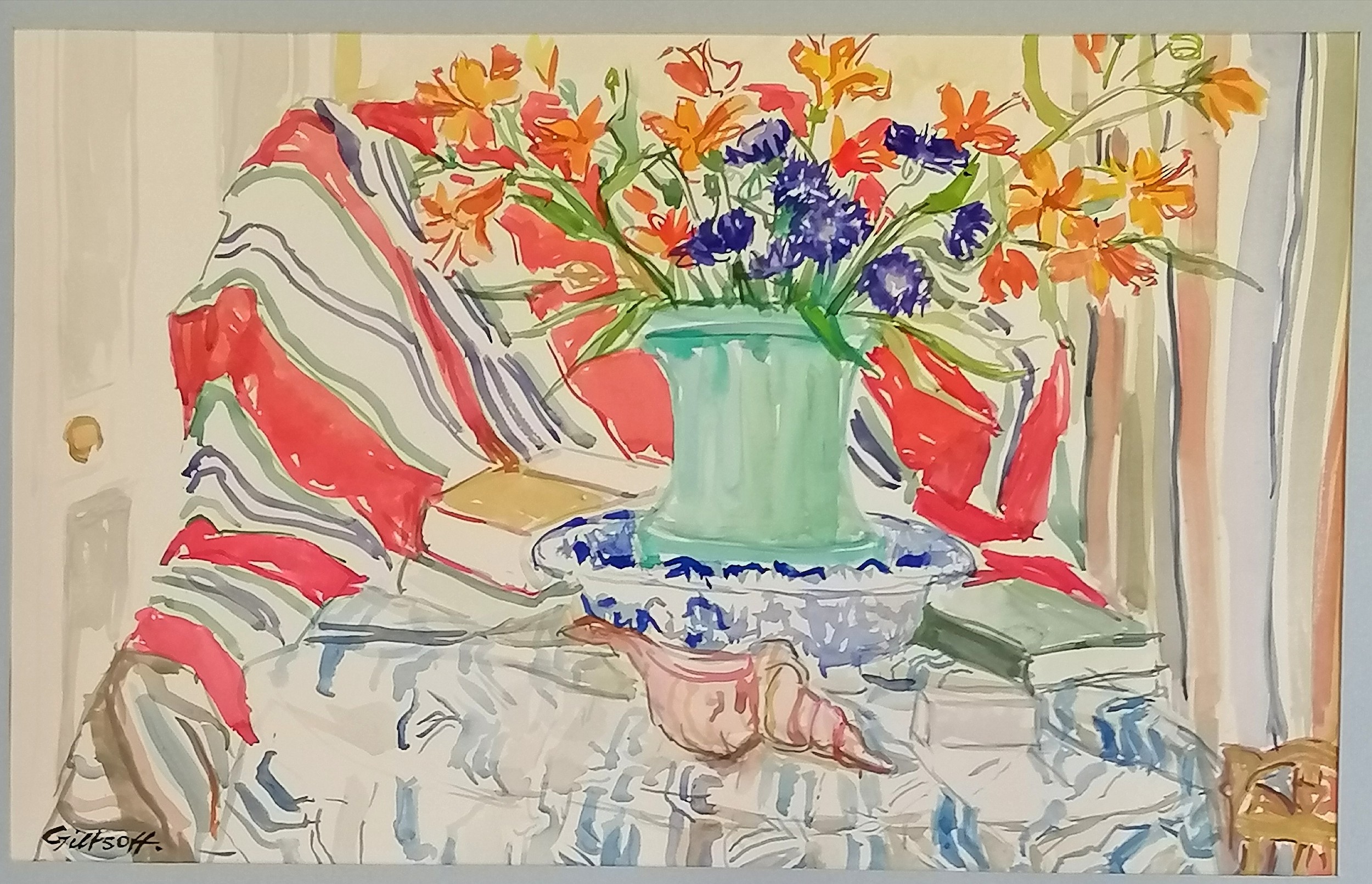 2 mounted contemporary watercolours of a garden table and chairs 80cm x 67cm and vase with striped - Image 3 of 4