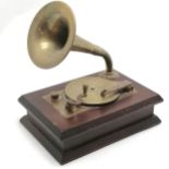 Novelty vintage brass & wooden music box with hand wind mechanism in the form of a gramophone - 18cm