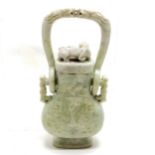 Antique celadon / spinach jade archaistic form hanging vase and cover - the handle has a double