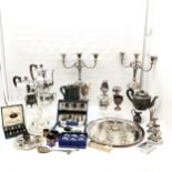 Large collection of assorted silver plated items to include 4 piece tea set and tray, sugar