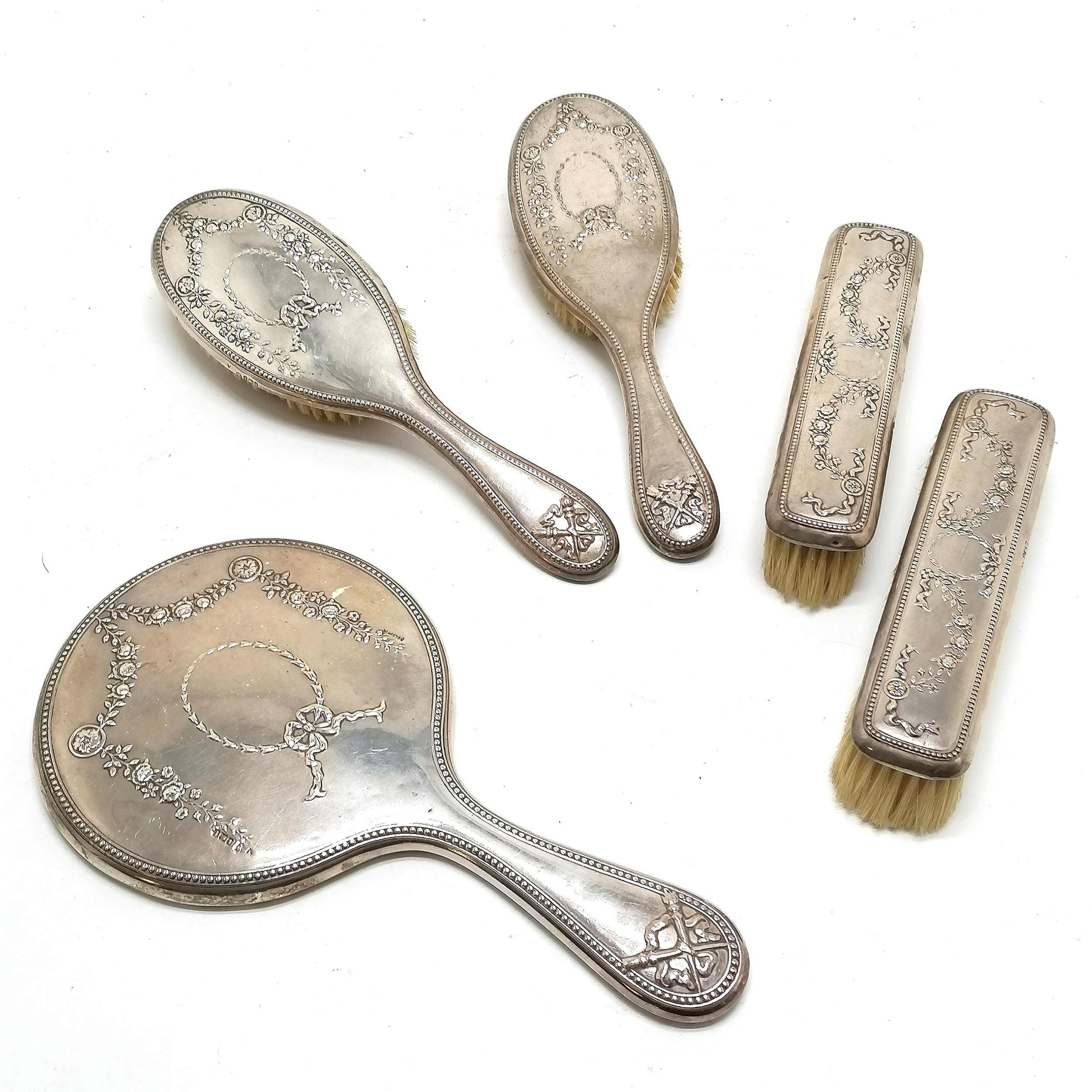 Silver hallmarked 5 piece dressing table set- bristles to brushes A/F and small dinks to silver