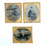 3 unframed antique Ambrotype early photographs depicting a family in a horse drawn cart and on a