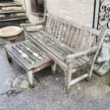 Weathered teak bench and matching coffee table, bench 150cm long x 87cm high x 50cm deep- In good