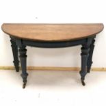 Antique oak blue painted demi lune table with brass castors 31cm wide x 63cm deep x 73cm high & in