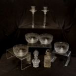 Pair of barley twist glass candlesticks, 22 cm high, cut crystal scent bottle, another t/w set of