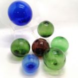 7 x coloured glass fishing floats - largest 16cm diameter