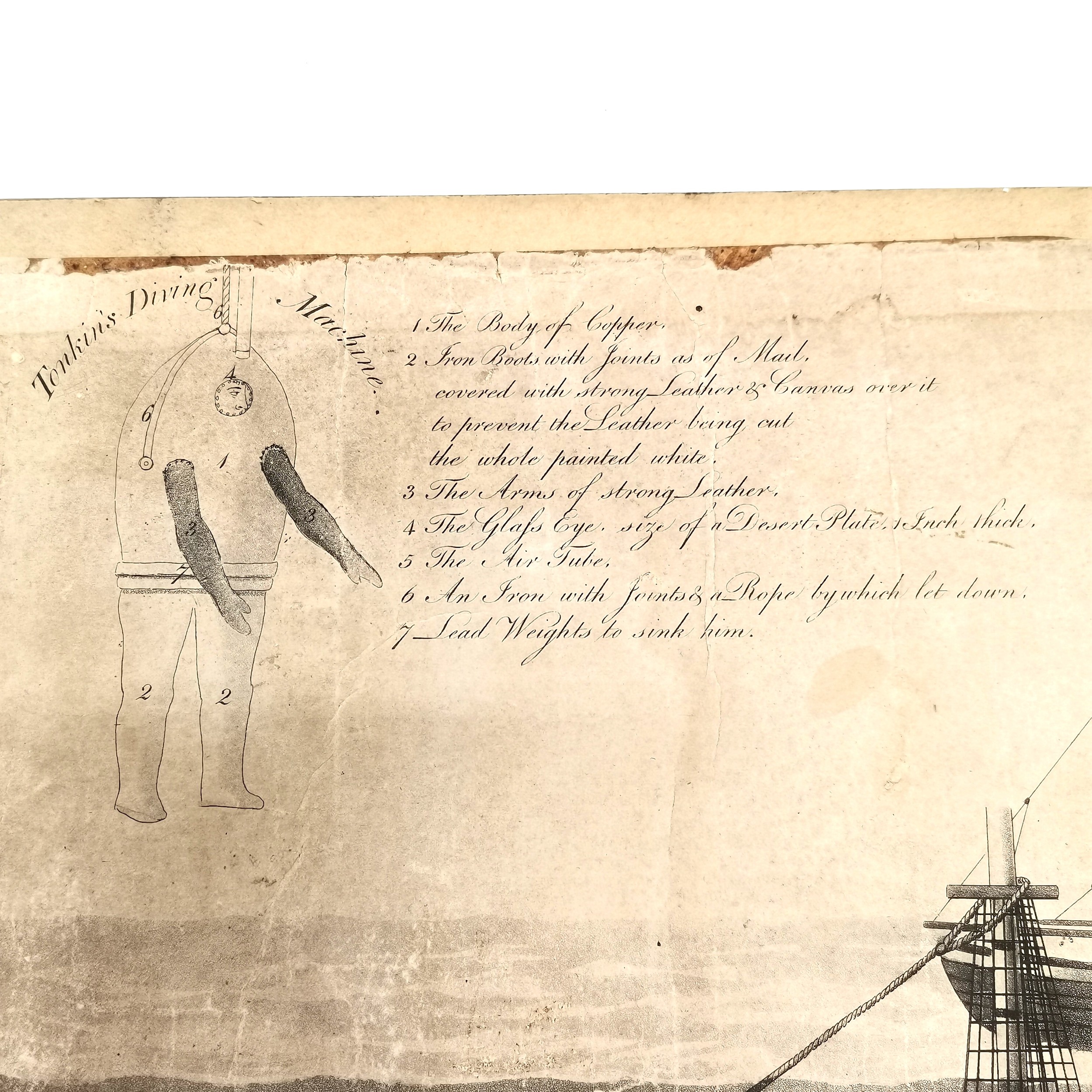 Mounted 1806 etching of goods being recovered from wreck of Abergavenny by Tonkin's diving machine - - Image 4 of 6