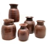 Collection of 5 Indian wooden jars, all with turned decoration, varying sizes, highest 34 cm, 2 A/F.