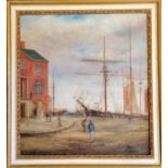 Framed antique painting of a tall masted ship in a port - frame 61cm x 57cm ~ has some restoration