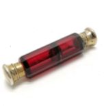 Antique ruby glass double ended scent bottle with gilded lids 12cm long - small dents to 1 lid