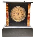 An Antique slate and marble mantle clock 18 cm wide, 21 cm high, 9.5 cm depth, complete with key, we